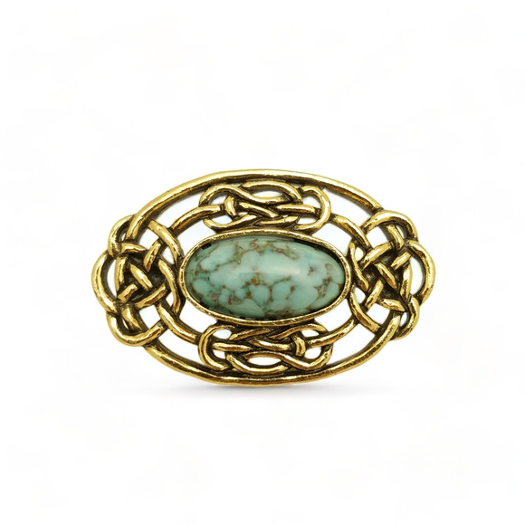 Miracle Brooch Gold Tone Oval Celtic Knot Faux Turquois Stone Scottish Signed - Picture 1 of 5